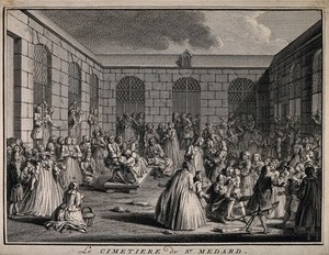 view Crowds of sick people gathered at the tomb of F. de Paris, St. Medard cemetery, in the hope of a miracle cure. Engraving.