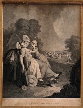 A girl fainting and collapsing into the arms of a woman, in the background is a similar scene of a fainting man. Engraving by W. Sedgwick after E. Penny.