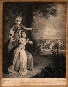 A young woman with folded hands giving thanks to heaven, an older woman points to a crowd carrying a young man wrapped in a blanket. Engraving by W. Sedgwick after E. Penny, 1780.