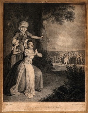 view A young woman with folded hands giving thanks to heaven, an older woman points to a crowd carrying a young man wrapped in a blanket. Engraving by W. Sedgwick after E. Penny, 1780.