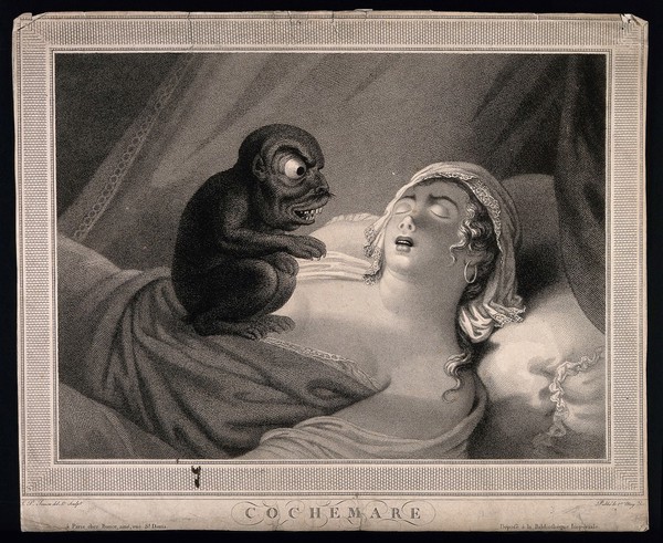 A perturbed young woman asleep with a devil sitting on her chest; symbolizing her nightmare. Stipple engraving by J.P. Simon, 1810.