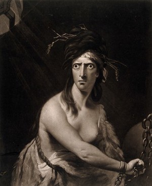 view A distraught bare-breasted woman with staring eyes, straw in her hair and chained wrists, representing madness. Mezzotint by W. Dickinson, 1775, after R.E. Pine.