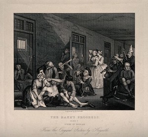 view An insane man (Tom Rakewell) sits on the floor manically grasping at his head, while two attendants manacle his legs: his lover, Sarah Young, cries in distress, they are surrounded by lunatics at Bethlem hospital, London. Engraving by H. Fernell after W. Hogarth, 1735.