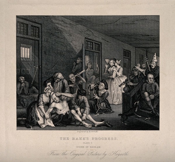 An insane man (Tom Rakewell) sits on the floor manically grasping at his head, while two attendants manacle his legs: his lover, Sarah Young, cries in distress, they are surrounded by lunatics at Bethlem hospital, London. Engraving by H. Fernell after W. Hogarth, 1735.