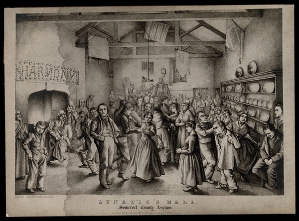 Mentally ill patients dancing at a ball at Somerset County Asylum. Process print after a lithograph by K. Drake, ca. 1850/1855.