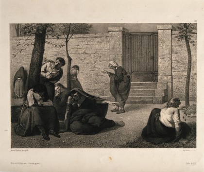 Eight women representing the conditions of dementia, megalomania, acute mania, melancholia, idiocy, hallucination, erotic mania and paralysis, in the gardens of the Salpêtrière hospital, Paris. Lithograph by A. Gautier, 1857.