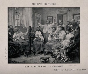 view Mentally ill people at the Charité hospital sitting and looking at a piece of apparatus (camera?). Photogravure by C. Block after G. Moreau de Tours.