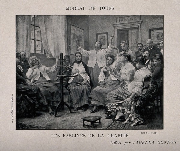 Mentally ill people at the Charité hospital sitting and looking at a piece of apparatus (camera?). Photogravure by C. Block after G. Moreau de Tours.