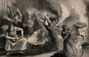 view A fire in the Livingston County Poorhouse, Geneseo, New York: mentally ill women try to escape. Wood engraving, 1867.