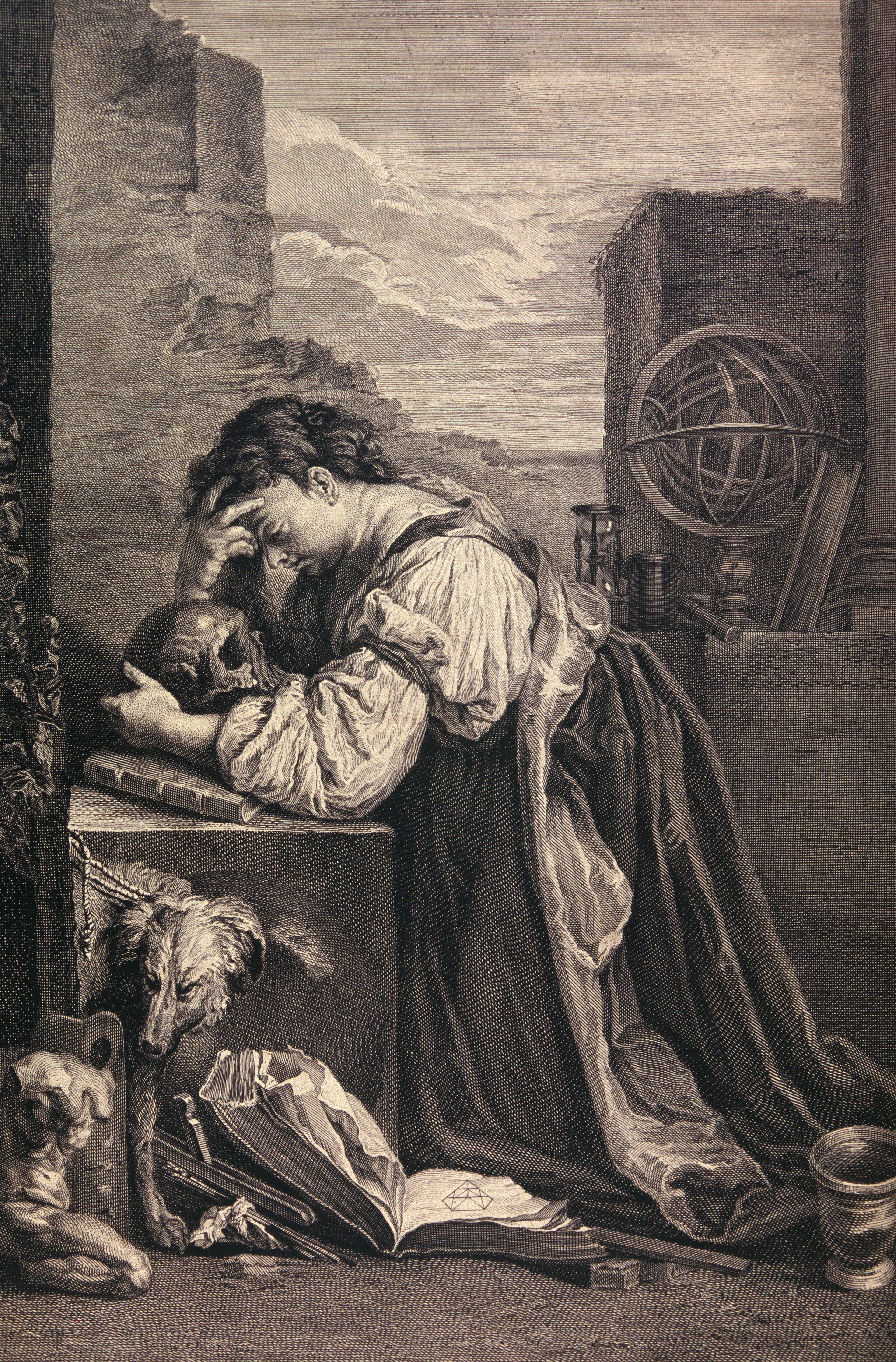 Melancholia: a female figure contemplating a skull, surrounded by attributes of knowledge and learning. Engraving after D. Fetti.