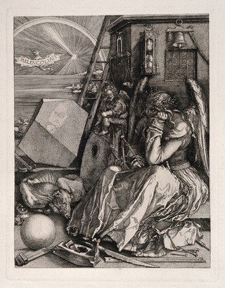 A despondent winged woman holding a geometrical instrument surrounded by attributes associated with knowledge; representing melancholia. Heliogravure attributed to C. Amand-Durand, 18--, after A. Dürer, 1514.