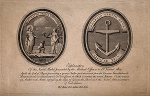 view Front and reverse of a medal presented to Jenner by naval medical officers in 1801. Engraving, 1801, after a medal made by T. Harper.