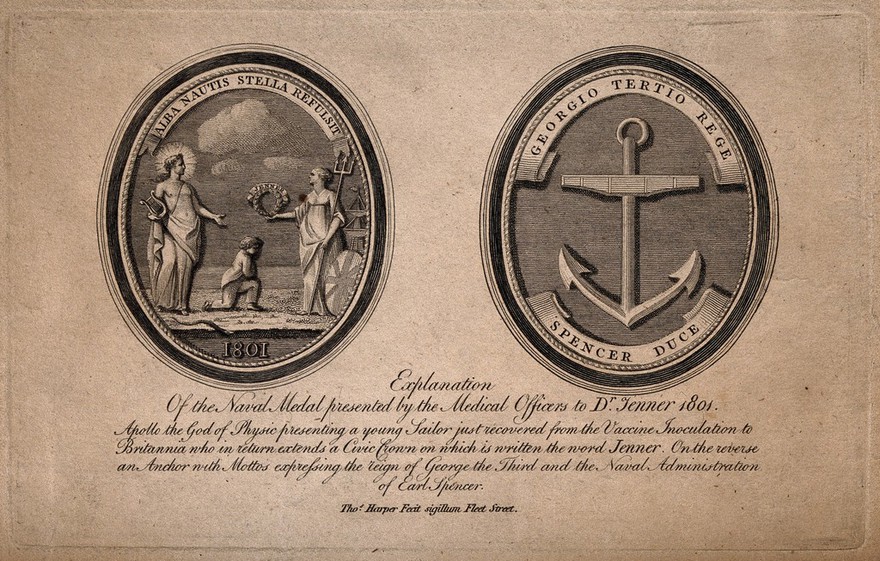 Front and reverse of a medal presented to Jenner by naval medical officers in 1801. Engraving, 1801, after a medal made by T. Harper.