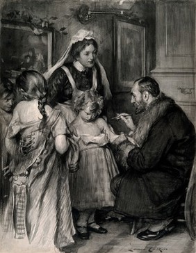 A man vaccinating a small girl, other girls with loosened bodices wait their turn apprehensively. Gouache by L. Calkin, ca. 1901.