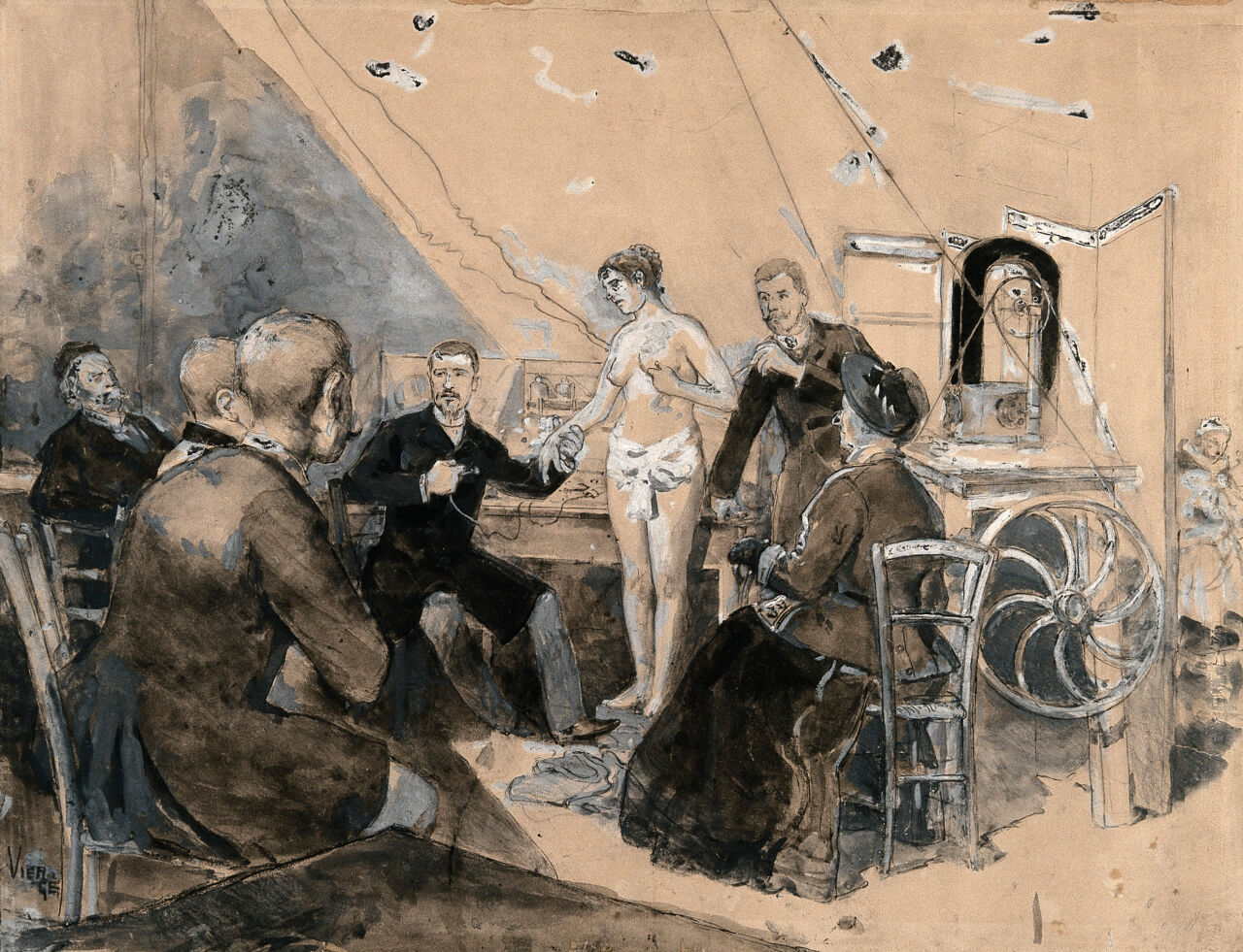 A doctor demonstrating electrotherapy on a young semi-nude woman in front of an audience of physicians (?), her mother or chaperone is seated at the front. Coloured pencil drawing by D. Urrabieta Ortiz y Vierge., by Daniel Vierge