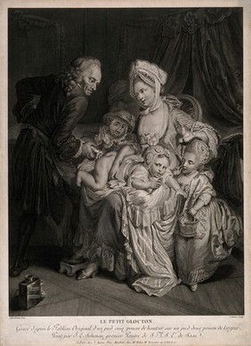 A man administers a clyster to a greedy little boy who is laying across his mothers lap, his two siblings watch the scene with amusement. Engraving by J. Ouvrier after J.E. Schenau.