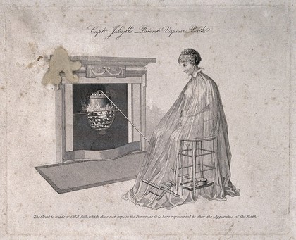 A woman covered in an oiled silk cloak with a vapour machine which is linked to fireplace in front of her. Engraving.