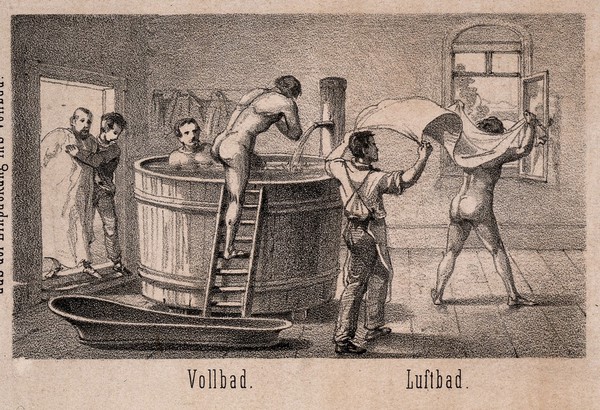 Hydrotherapy: eight vignettes of different cures at Gräfenberg, Germany. Lithograph, ca. 1860.