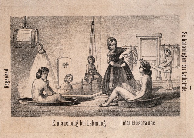 Hydrotherapy: eight vignettes of different cures at Gräfenberg, Germany. Lithograph, ca. 1860.