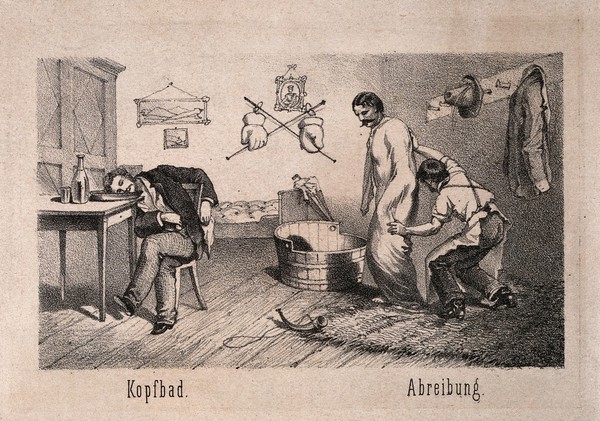 Hydrotherapy: eight vignettes of different cures at Gräfenberg, Germany. Lithograph, ca. 1860.