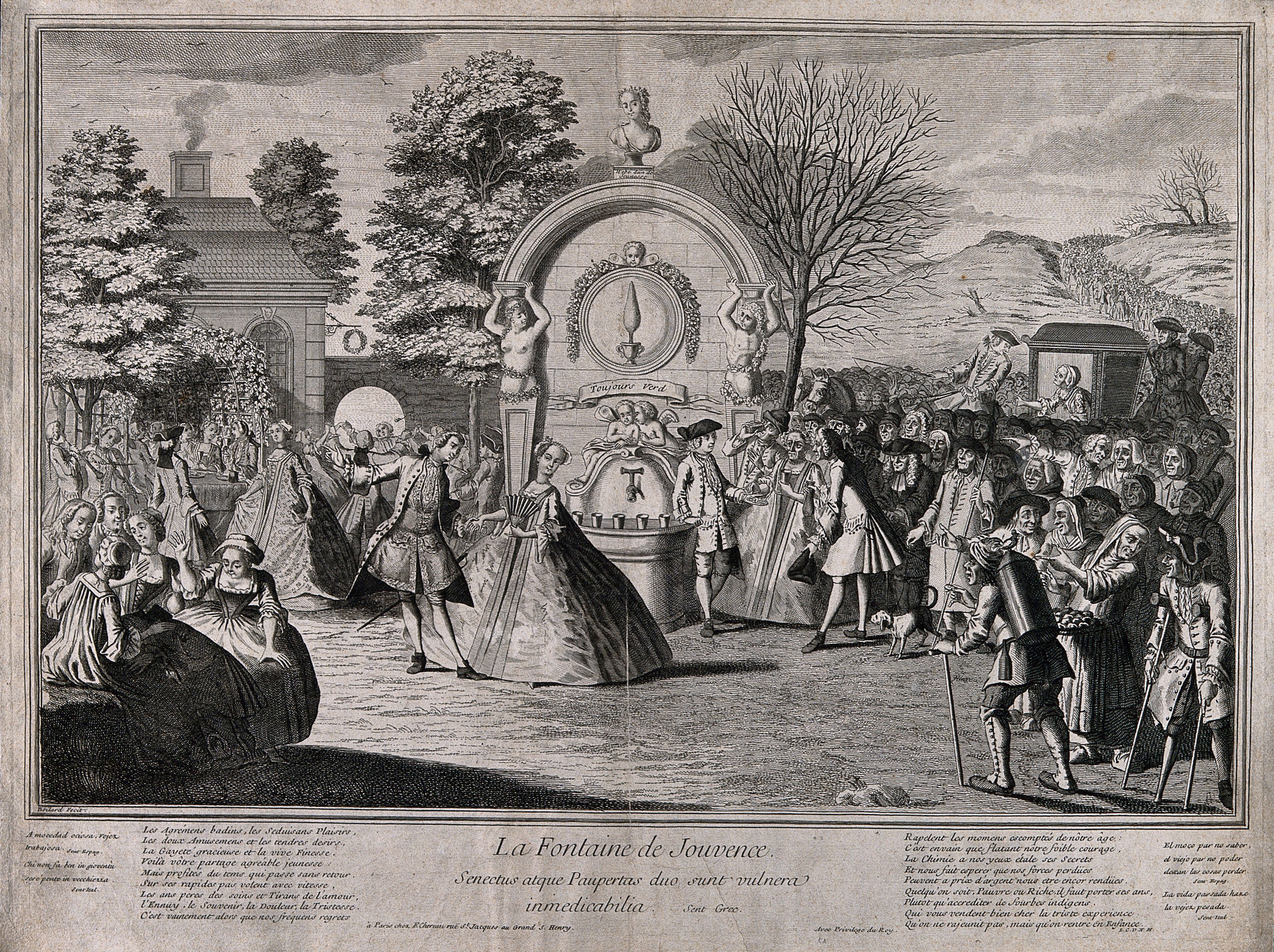 Crowds of old and infirm people arrive at the fountain of youth to drink the special water; to the left are a group of youthful people dancing and singing, rejuvenated by the spring. Engraving by Boilard, ca. 1720.