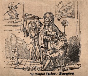 view A barber-surgeon holding a jester's head over a bowl, an assistant and dog dressed as a clown dance around. Wood engraving.