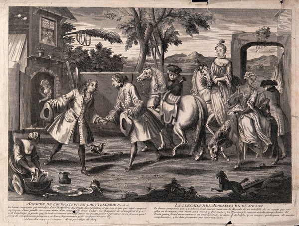A wealthy family arriving at a hotel and being greeted by the proprietor. Engraving.