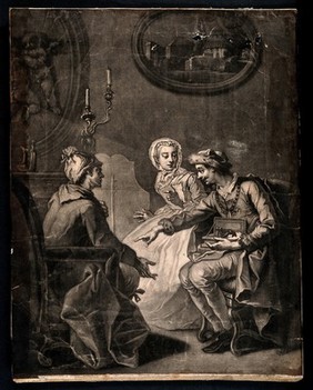 A husband and wife ask a quack doctor for advice about health: he suggests substituting himself for the husband in the wife's affections, and she agrees. Mezzotint by J. Simon, 17--, after Etienne Jeaurat.