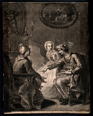 view A husband and wife ask a quack doctor for advice about health: he suggests substituting himself for the husband in the wife's affections, and she agrees. Mezzotint by J. Simon, 17--, after Etienne Jeaurat.