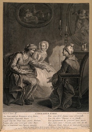 view A husband and wife ask a quack doctor for advice about health: he suggests substituting himself for the husband in the wife's affections, and she agrees. Engraving by J.J. Balechou, 1743, after E. Jeaurat.