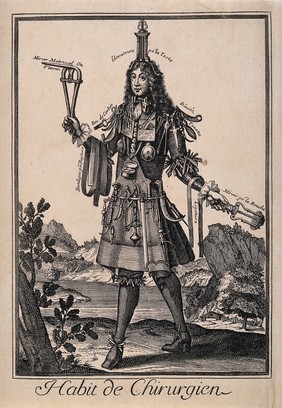 An allegorical figure wearing a large variety of surgical instruments including some on his head and hands. Etching after an engraving by N. de Larmessin, 1695.