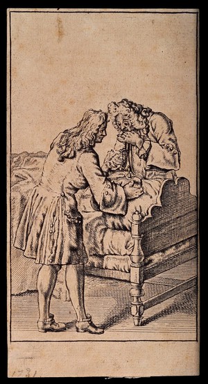 view A surgeon and his assistant operating on a patient's head and using a drill to perform the trephination. Engraving, 1731.