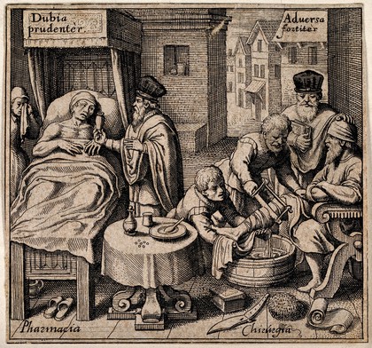 M0007909: A physician tending to a sick man in bed and a surgeon amputating a man's leg