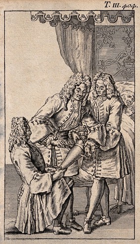 A surgeon amputating a patient's leg with a saw, he is being held in a particular position by two attendants. Engraving, 1738.