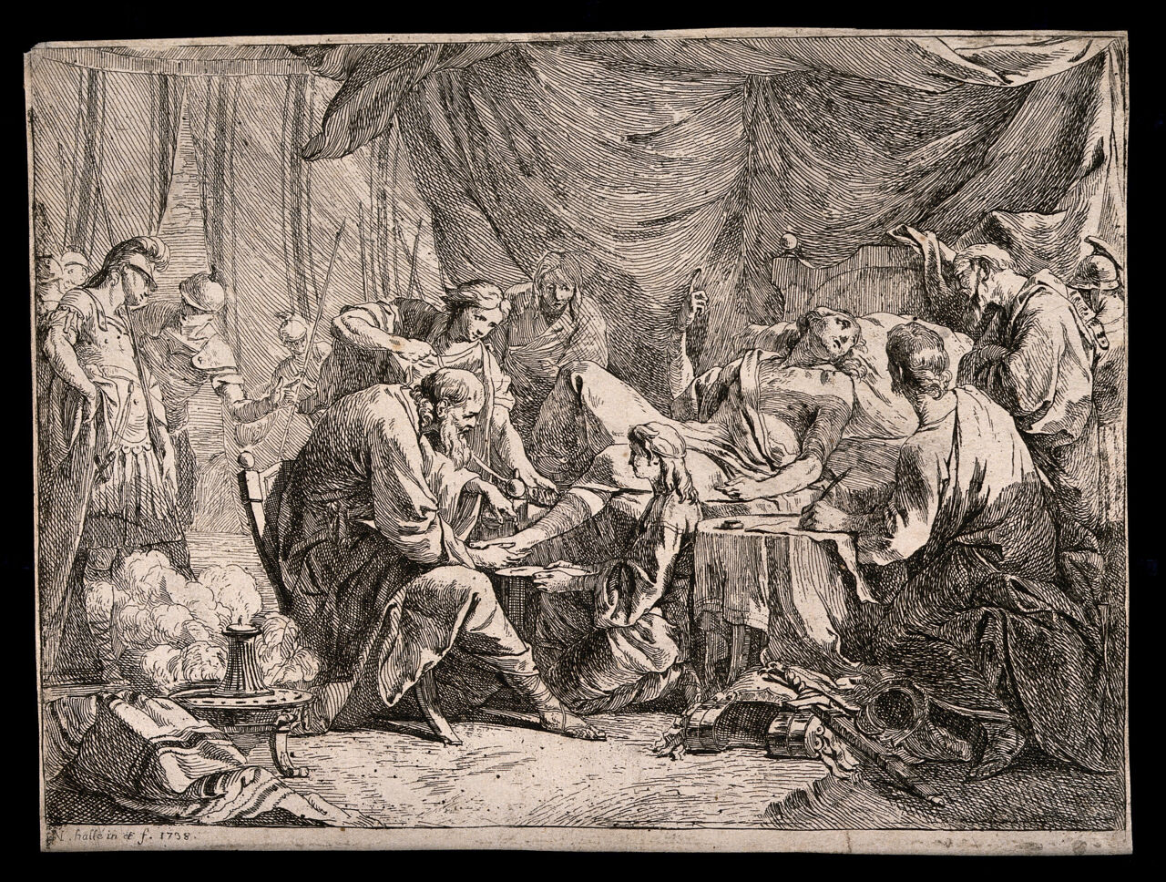 Antiochus IV of Syria, sick and injured by a fall from his chariot, dictates his will as surgeons bandage his leg. Etching by N. Hallé, 1738., 1738, by Noël Hallé