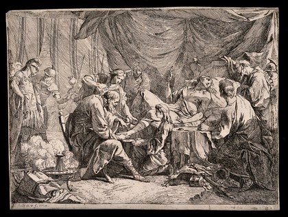 Antiochus IV of Syria, sick and injured by a fall from his chariot, dictates his will as surgeons bandage his leg. Etching by N. Hallé, 1738.