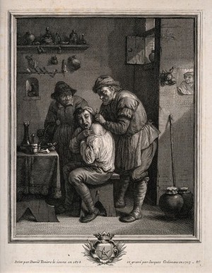 view A surgeon lancing a grimacing man's shoulder. Engraving by J. Coelemans, 1703, after D. Teniers, the younger, 1678.