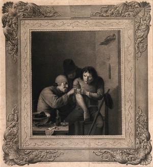 view A surgeon attending to a man's arm. Lithograph by J. Woelffle after A. Brouwer.