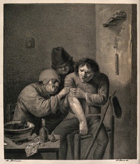 A surgeon dressing the wound of a grimacing patient. Lithograph by N. Strixner after A. Brouwer.