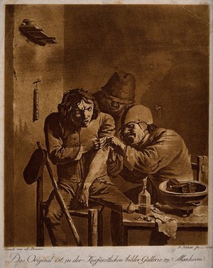 view A surgeon dressing the wound of a grimacing patient. Colour aquatint by A. Schlicht, 1788, after A. Brouwer.