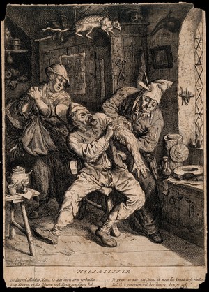 view A surgeon applying a probe to the arm of a screaming patient. Etching by C. Dusart, 1695.