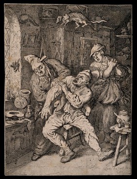 A surgeon applying a probe to the arm of a screaming patient. Etching by C. Dusart, 1695.