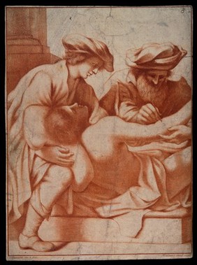 A surgeon opening an abcess on the arm of a reclining man who is leaning on the lap of the surgeon's assistant. Colour stipple engraving by S. Mulinari, 1796, after G.F. Barbieri, il Guercino.