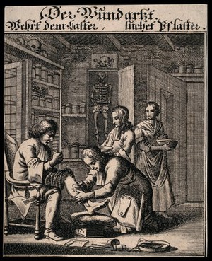 view A surgeon treating an irate patient's wounded leg in his surgery assisted by two attendants. Engraving.