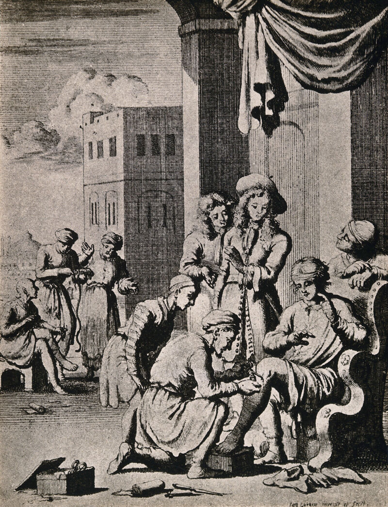 A surgeon extracting a guinea worm from a man's leg, in the background is a similar scene after a successful operation, a surgeon is holding a long worm. Photograph of a halftone after an engraving by J. Luyken., by Jan Luyken
