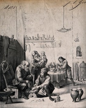 A surgeon treating an elderly man's foot, in the background an assistant is mixing a concoction with a pestle and mortar. Lithograph after D. Teniers, the younger.