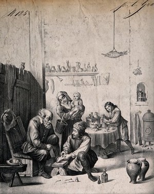 view A surgeon treating an elderly man's foot, in the background an assistant is mixing a concoction with a pestle and mortar. Lithograph after D. Teniers, the younger.