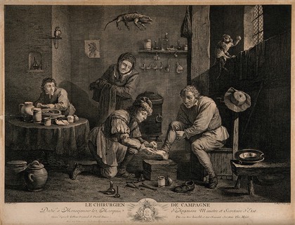 A rural surgeon treating a male patient's foot, in the background an assistant is mixing a concoction with a pestle and mortar in a surgery. Engraving by T. Major, 1747, after D. Teniers, the younger.
