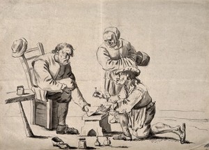 view A surgeon treating an elderly man's foot, his wife observes the scene. Pen drawing after D. Teniers, the younger.