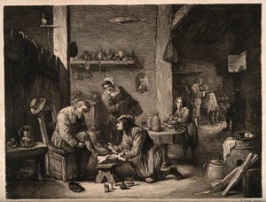 view A rural surgeon treating an elderly man's foot, in the background an assistant is mixing a concoction with a pestle and mortar amidst a busy workshop. Etching by W. Unger after D. Teniers, the younger.